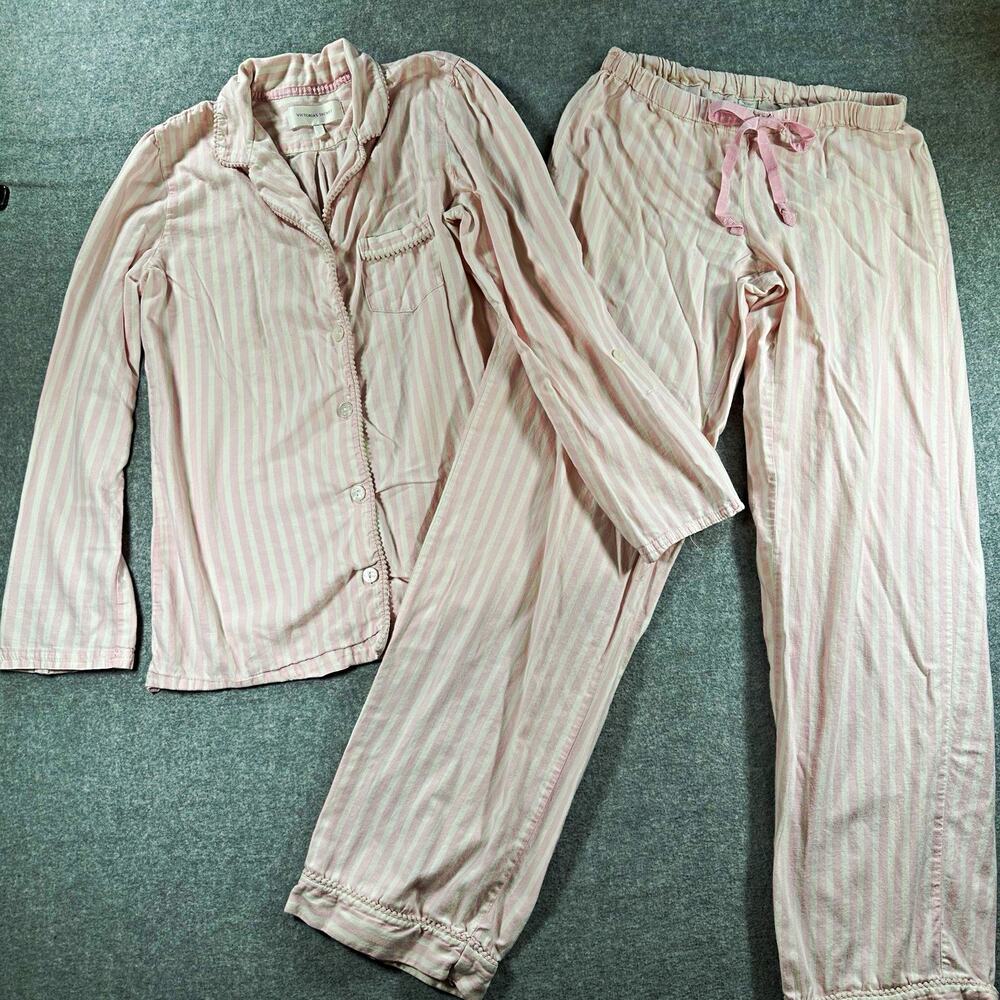 Victoria's Secret Women's Pink/White Striped Woven Cotton Button Pajama Set S